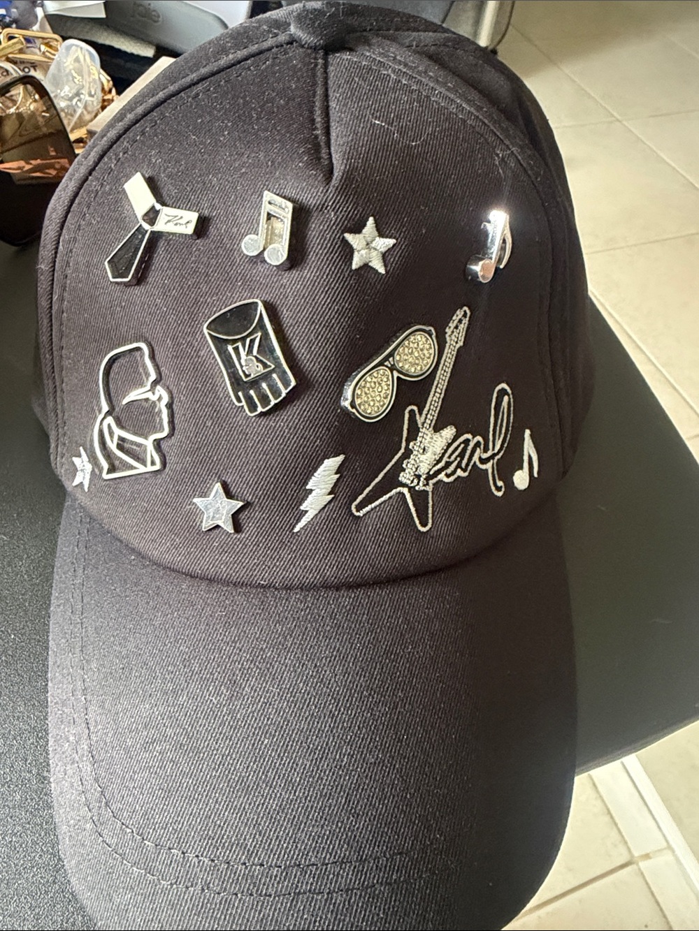 Karl Lagerfeld Black Embellished Pin Baseball Cap